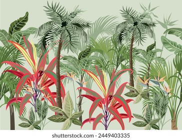 Tropical repeat pattern. Palm trees, green leaves, red flowers.