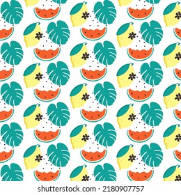 Tropical Repeated texture for summer party. Swatch for textile or wrapping paper. Trendy Seamless Pattern with fruits. Vector illustration.
