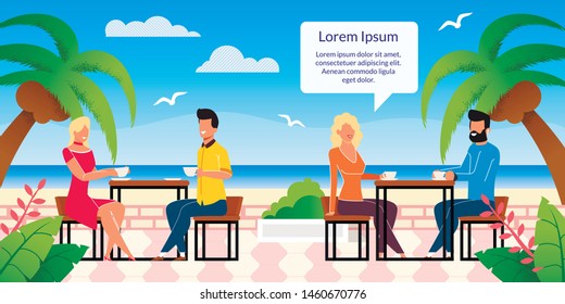 Tropical Resort Beach Cafe, Restaurant with Outdoor Seating Flat Vector Banner, Poster Template with Happy Couples, Man and Woman Lunching, Drinking Coffee on Beach Cafeteria Terrace Illustration
