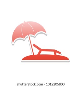 Tropical resort beach. Sunbed Chair sign. Vector. Reddish icon with white and gray shadow on white background. Isolated.