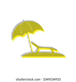 Tropical resort beach. Sunbed Chair sign. Vector. Yellow icon with square pattern duplicate at white background. Isolated.