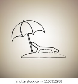 Tropical resort beach. Sunbed Chair sign. Vector. Brush drawed black icon at light brown background.