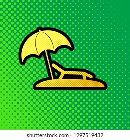 Tropical resort beach. Sunbed Chair sign. Vector. Pop art orange to yellow dots-gradient icon with black contour at greenish background.