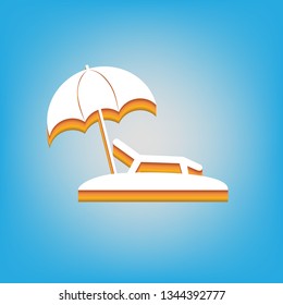Tropical resort beach. Sunbed Chair sign. Vector. White icon with 3d warm-colored gradient body at sky blue background.