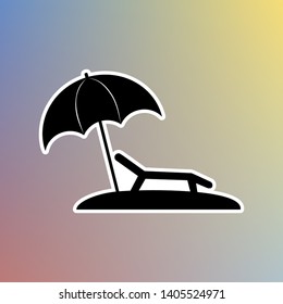 Tropical resort beach. Sunbed Chair sign. Black icon in white shell at pastel color background. Illustration.