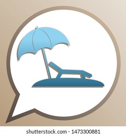 Tropical resort beach. Sunbed Chair sign. Bright cerulean icon in white speech balloon at pale taupe background. Illustration.