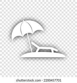Tropical resort beach. Sunbed Chair sign. White Icon with dropped natural gray Shadow at transparent Background. Illustration.
