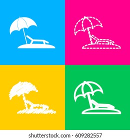 Tropical resort beach. Sunbed Chair sign. Four styles of icon on four color squares.