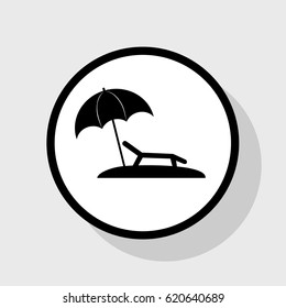 Tropical resort beach. Sunbed Chair sign. Vector. Flat black icon in white circle with shadow at gray background.