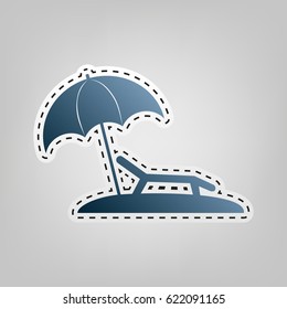 Tropical resort beach. Sunbed Chair sign. Vector. Blue icon with outline for cutting out at gray background.