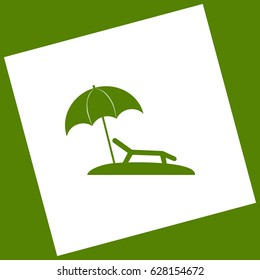 Tropical resort beach. Sunbed Chair sign. Vector. White icon obtained as a result of subtraction rotated square and path. Avocado background.