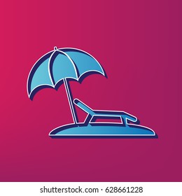 Tropical resort beach. Sunbed Chair sign. Vector. Blue 3d printed icon on magenta background.