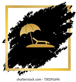 Tropical resort beach. Sunbed Chair sign. Vector. Golden icon at black spot inside golden frame on white background.
