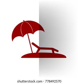 Tropical resort beach. Sunbed Chair sign. Vector. Bordo icon on white bending paper background.