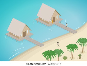 Tropical resort with bungalows on the beach and on the sea water. Love couple and surfer. Paradise hotel Isometric view. Vector illustration.
