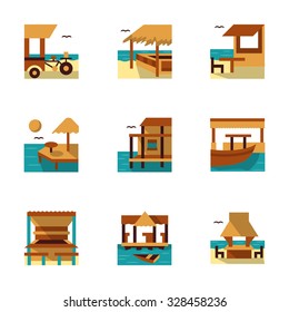Tropical resort with coastline cafe, bars and bungalows. Flat colorful icons vector collection. Elements of web design for site or mobile app.