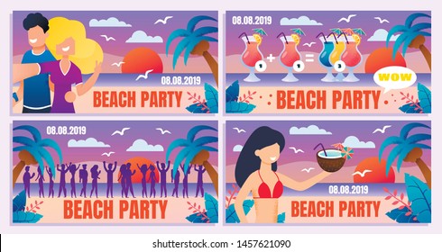 Tropical Resort, Cocktail Bar, Holiday Beach Party Flat Vector Advertising Banners, Posters or Greeting Card Templates Set with Couple in Love, Guests Crowd, Woman in Bikini on Seashore Illustration