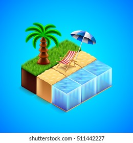 Tropical resort concept. Beach with deck chair and palm tree vector