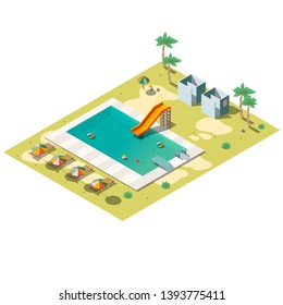 Tropical resort hotel swimming pool isometric vector with slide, lounge chairs under umbrella, dressing cabin, children playground illustration. Summer entertainment, recreation infrastructure element