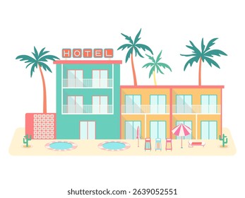Tropical resort hotel vector illustration. Retro summer building with balconies, pool, palm trees, sunbeds, parasol isolated on white background. Flat cartoon scene for beach vacation, tourism design