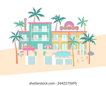 Tropical resort hotel vector illustration. Colorful hotel building with balconies, pool, palm trees, sunbeds, parasol isolated on white background. Flat summer vacation landscape for tourism design