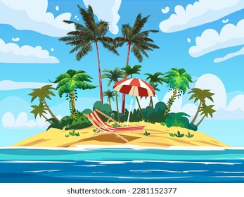 Tropical resort island, lounge chair under umbrella ocean surf, beach.