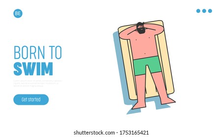 Tropical resort landing page for website with top view of man chilling on inflatable mattress. Summer relaxation and vacation lifestyle concept. Flat template vector illustration