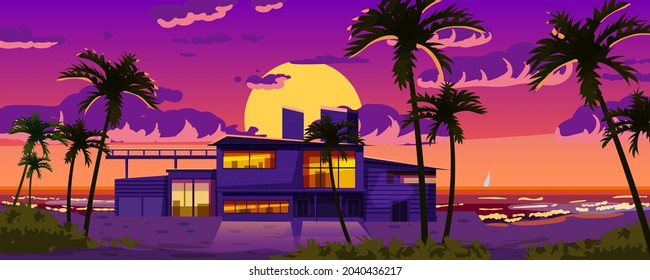 Tropical resort luxury Villa for rest, vacation. Modern architecture with exotic palms, sea, ocean, beach coastline. Seaview summer landscape. Vector illustration cartoon style