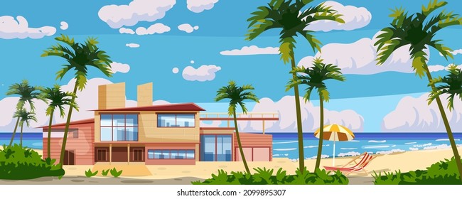 Tropical resort luxury villa for rest, vacation. Modern architecture with exotic palms, sea, ocean, beach coastline. Seaview summer landscape. Vector illustration cartoon style