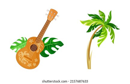 Tropical resort objects set. Acoustic guitar and palm tree cartoon vector illustration