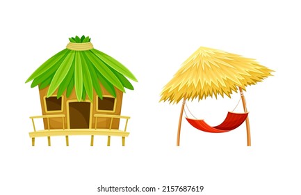 Tropical resort objects set. Beach hut or bungalow and straw umbrella with hammock cartoon vector illustration