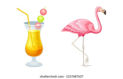 Tropical resort objects set. Citrus cocktail and pink flamingo cartoon vector illustration