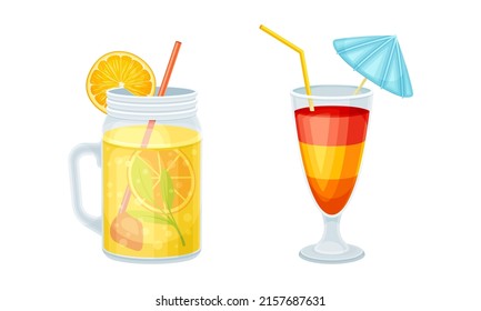 Tropical resort objects set. Exotic citrus cocktail glasses cartoon vector illustration