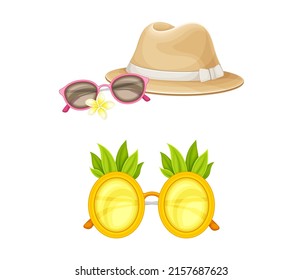 Tropical resort objects set. Sunglasses and straw hat cartoon vector illustration