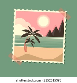 Tropical resort poster vintage in frame. Beach, palms, ocean. retro style illustration vector. summer landscape in retro photo frame is taped to the wall. outdoor recreation. holiday souvenirs