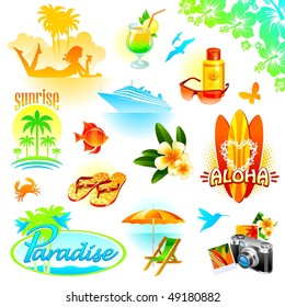 Tropical resort, travel and exotic holidays vector set