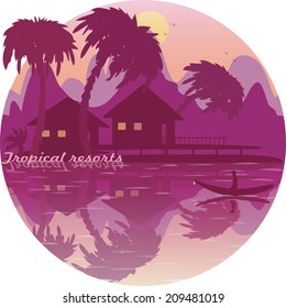 Tropical resorts  icon. Palm trees sea bungalow  boat mountain. Vector illustration