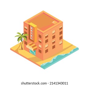 Tropical rest isometric icon with hotel building exterior on seashore 3d vector illustration