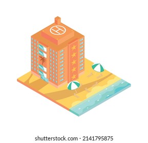 Tropical Rest Isometric Icon With Hotel Building Lounges And Umbrellas On Beach 3d Vector Illustration