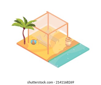 Tropical rest isometric icon with lounges on sunny beach 3d vector illustration