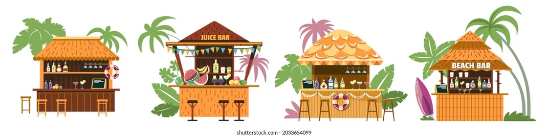 Tropical restaurant or cafe, bungalow building, bar or pub serving meal and drinks. Exotic diner or eating establishment by seaside. Palms and wooden tables, summertime rest. Vector in flat style