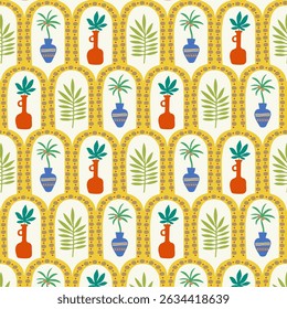 Tropical retro pattern with african vases in patchwork style. Ethnic seamless background. Vector