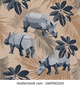 Tropical rhino wild animals, plant floral seamless pattern. Vector image.