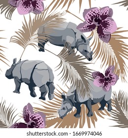 Tropical rhino wild animals, plant floral seamless pattern. Vector image.