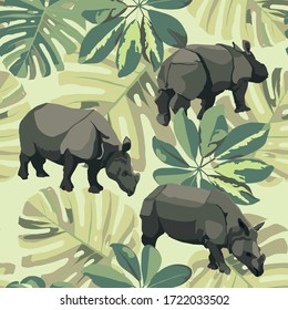 Tropical rhino wild animals, plant floral seamless pattern. Vector image.