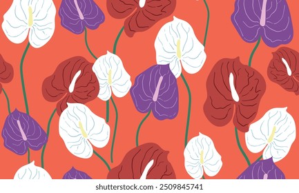 Tropical rich anthurium flowers seamless pattern and floral background illustration