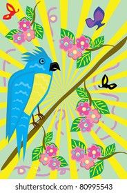 Tropical ridiculous parrot and floral background