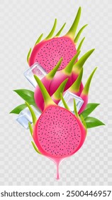 Tropical ripe dragon fruit and ice cubes. Composition of fresh pitaya with leaves, whole pitahaya, half and slices of exotic fruit, 3D realistic vector illustration isolated on transparent background.