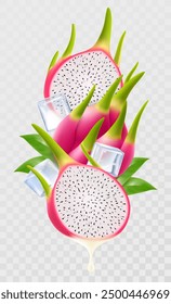 Tropical ripe dragon fruit and ice cubes. Composition of fresh pitaya with leaves, whole pitahaya, half and slices of exotic fruit, 3D realistic vector illustration isolated on transparent background.