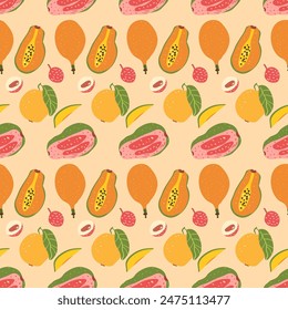 Tropical ripe half slices and whole fruits repeat background. Papaya, guava and lychee seamless pattern. Vector hand drawn flat illustration.